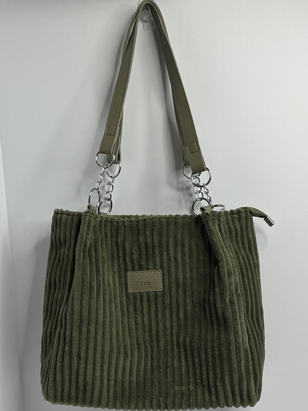 Olive Green Corduroy Tote with Silver Chain Accents